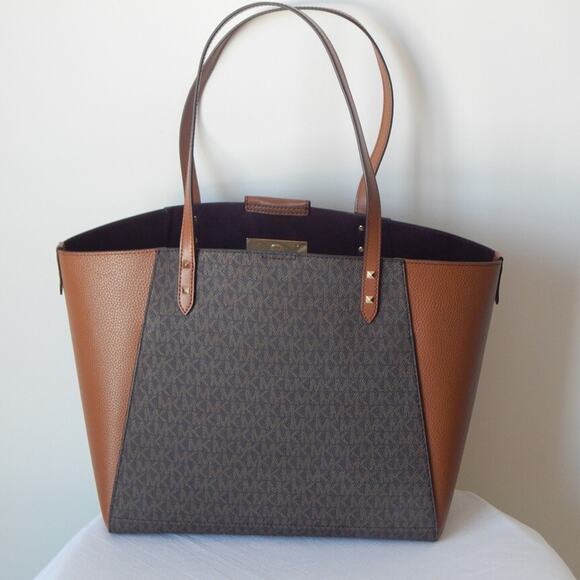 MICHAEL KORS KARLIE Monogram Center Stripes Studs Brown Multi Large Tote Bag NWT - Picture 5 of 12